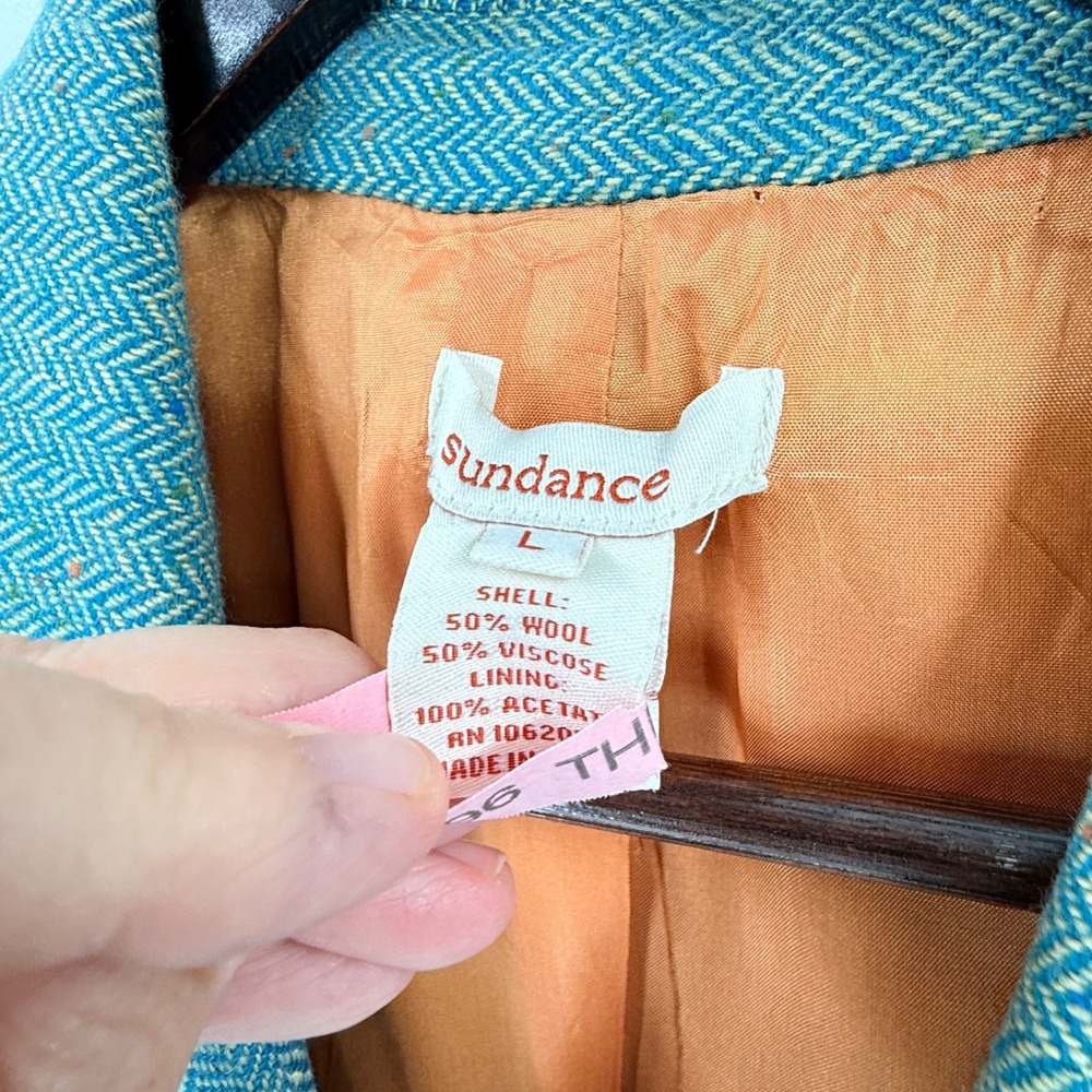 Sundance Wool Viscose Herringbone Blazer Teal Tailored Notch Lapel Size L Large - Picture 3 of 9